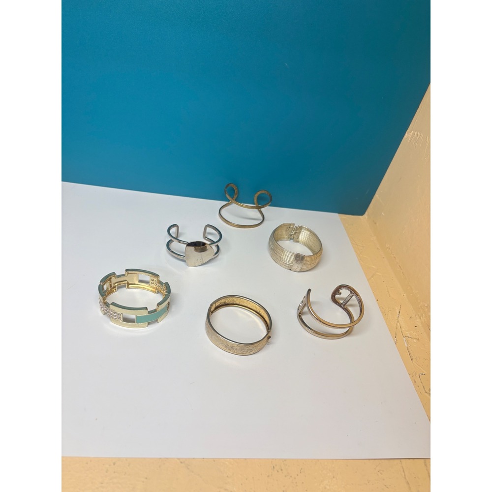 Mixed Statement Bracelet Lot 6pc Gold Silver Tone Cuffs Hinged Bangles Enamel